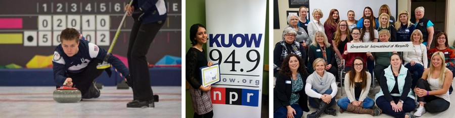 (Left to right) Luc Violette pushes the rock during the 2016 Youth Olympics; Noel Gasca receives a Gracie Award at the radiostation of her internship; and Michi Smith poses with a group upon sharing her story. Grit worked as the key factor behind Violette, Gasca, and Smith’s outstanding accomplishments. “Even if I had more time to do my work, I probably wouldn't be as successful in school without curling competitively, because I feel like I wouldn't have as much drive, motivation and grit,” said junior Luc Violette. 
