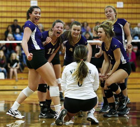 Senior Emily Lubick, senior Melissa Stevens, junior Lilly Eason, junior Hannah Ansen, senior Gabby Gunterman, sophomore Grace Schroedl on their victory, during their last normal season game.