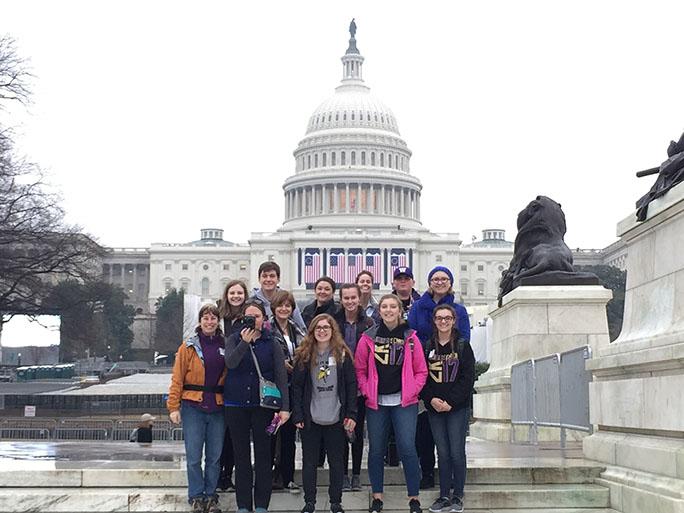 Here the group stands in front of the Capitol Building (From left to right - Top row: UW student Nick Peda, Mrs. Tilley, Mrs. Wagner, Drew Pearson, Elizabeth Stanton. Middle row: Elise Gooding, Mrs. Kinnard, Paige Wagner. Bottom row: Mrs. Riebli, Mrs. Fry, Jeyda Thomson, Anna Lundquist, Sophie Grieser). The seniors spent five days in Washington, D.C. touring and attending the inauguraton. Even though they grew up with Obama as president, and many of them don’t support Trump, they are keeping an open mind about his administration. “I hope the next four years will look a lot like last Saturday [the Women’s March] did, with lots of people coming together to support each other,” said senior Elizabeth Stanton. (Photo courtesy Darrick Hayman)

