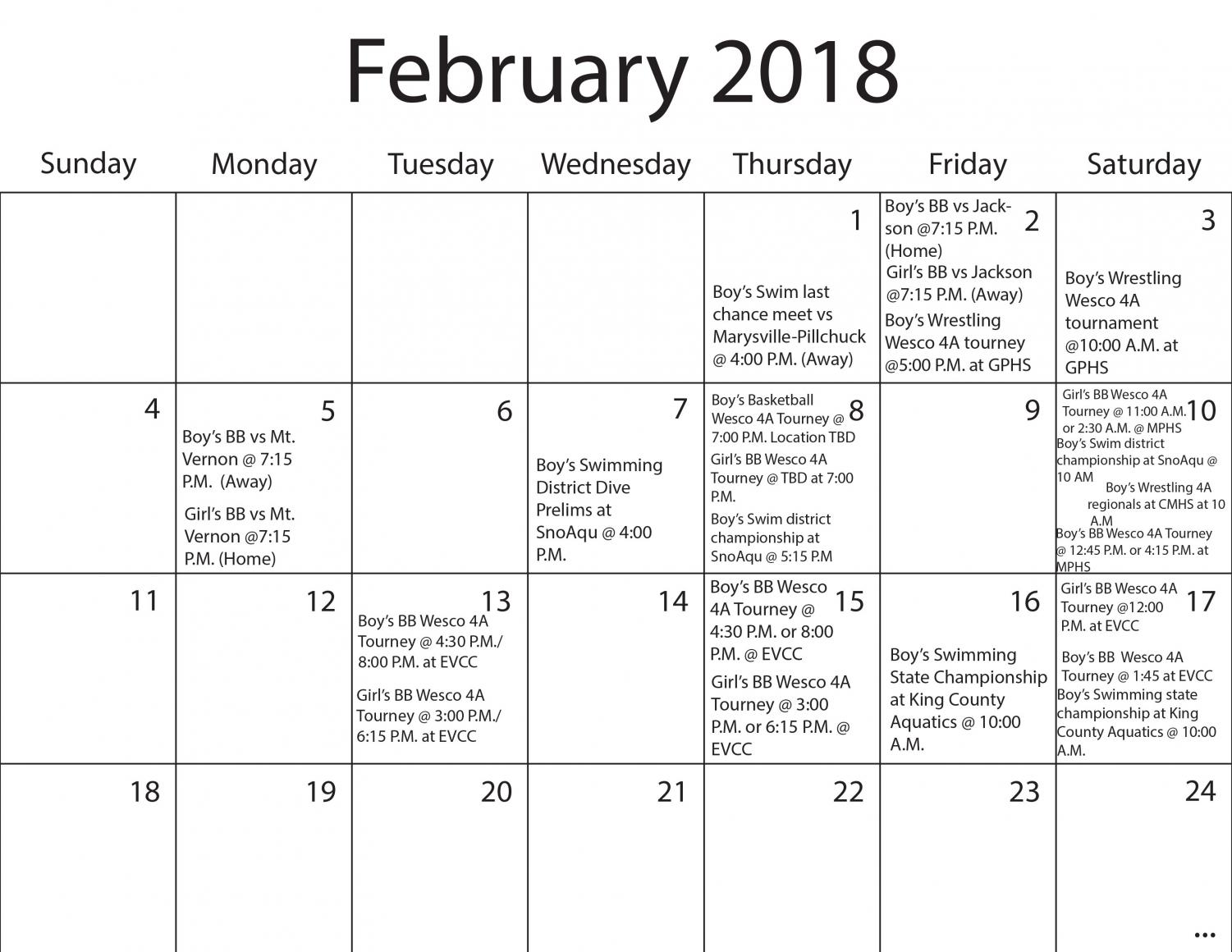 February sports calendar Valhalla