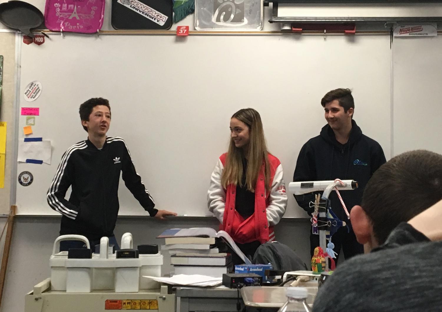Welcome to class: Three Australian exchange students are brought to the attention of Mr. Flanders' second period class. Madilyn Ridgeway, Reece Ryan and Konnor Furber were given the assignment of telling the American students about their 'lifestyle'. In the back of the classroom, hosts Mitchell Hoffman and Sydney Peterson are chuckling watching their newfound friends struggle under the pressure.