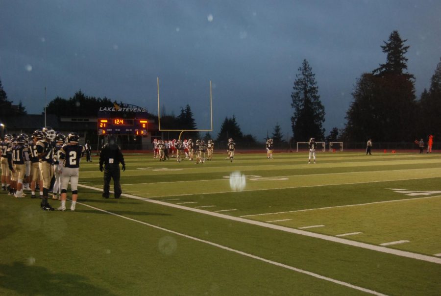 Always improving: The lake stevens football team spends their hours
after school practicing, rain or shine. This picture shows a scrimmage
during a rainy day. “Everyday after school we are doing something”
-Austyn Rembold-Hyde.