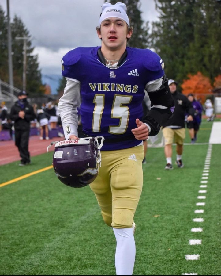 Kolton Matson, a freshman football player who started at quarterback in the state championship. His arm is in a brace still recovering from a fracture in his elbow from the previous season.