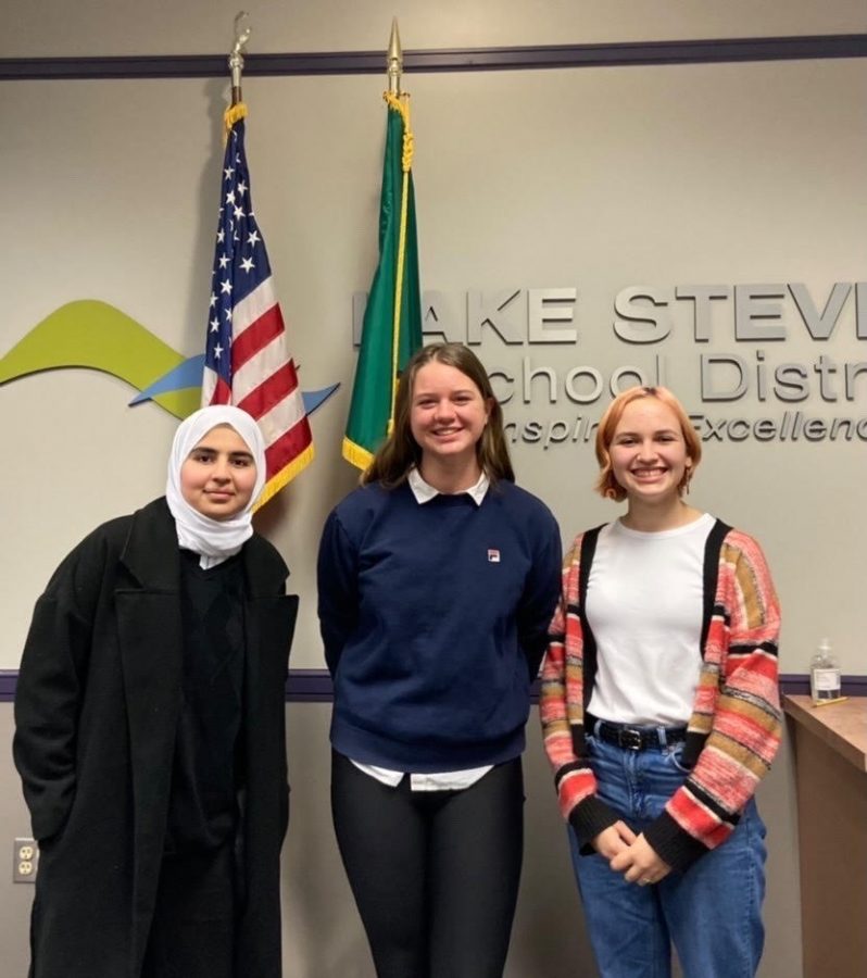 SACo masterminds: (left to right) Aimel Rai, Grace Davis and Kaitlyn Johnson represent the students at a student advisory council meeting at the school district office. They have formed the council into what it is today. I think that change has to come from policy, and it has to come from people being willing to work at, at the big level, Johnson said.