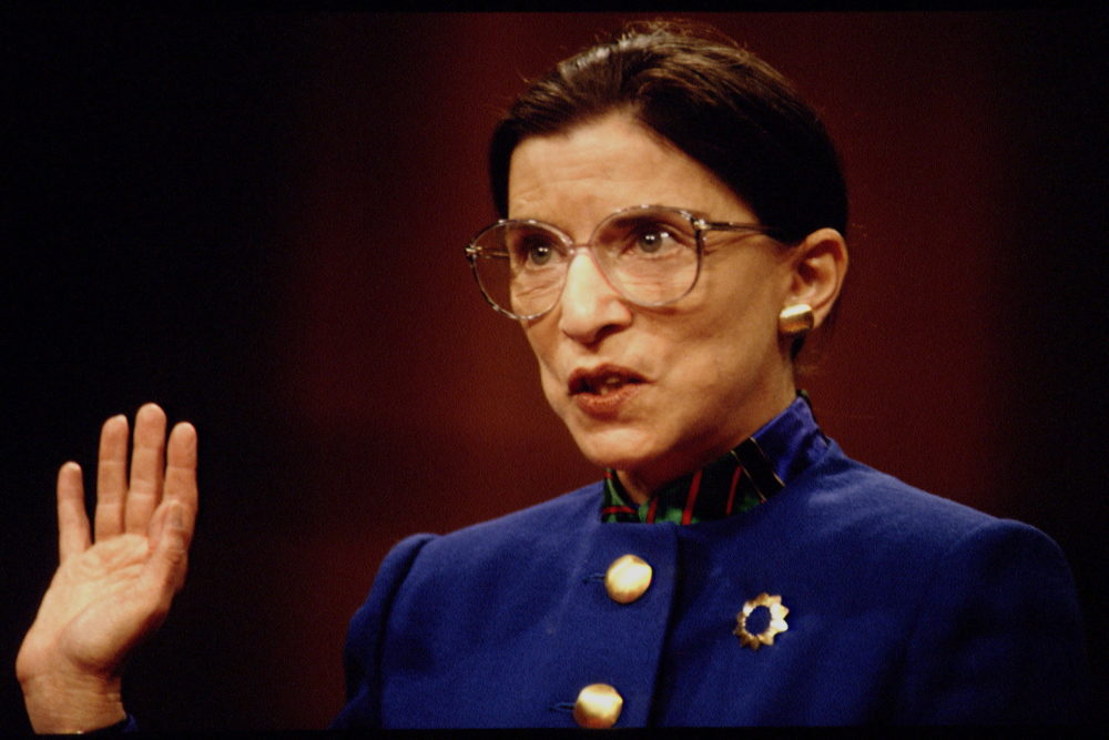 Nominee Ruth Bader Ginsburg stands before the Senate Judiciary Committee on July 20, 1993, on Capitol Hill.