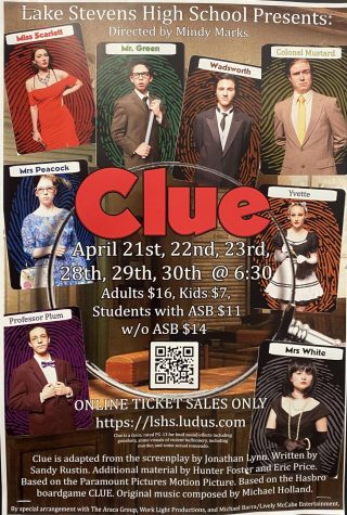 A Total Success: One of the posters for the play, Clue, displays the main cast of the performance. It was executed well- from props and sets to its casting. “It’s pretty inspiring, I think, that people my age were able to accomplish something like this,” junior Bella Maxwell said.
