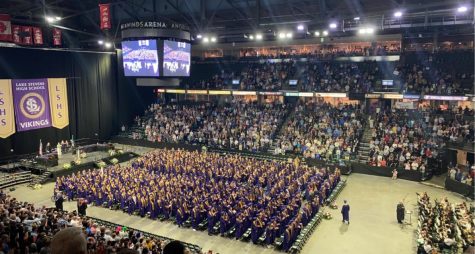 Everett, WA - June 7, 2022: The Class of 2022 gather at Angel of the Winds Arena for their graduation ceremony. 592 seniors were awarded their high school diploma this year, including 16 students who maintained a 4.0 cumulative GPA.
