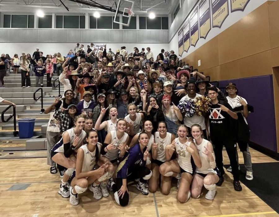 Horns up! The Lake Stevens volleyball team celebrates after a 3-0 sweep against Ferndale High School. The Vikings clinched their eighth Wesco title in a row after winning against Glacier Peak High School.
