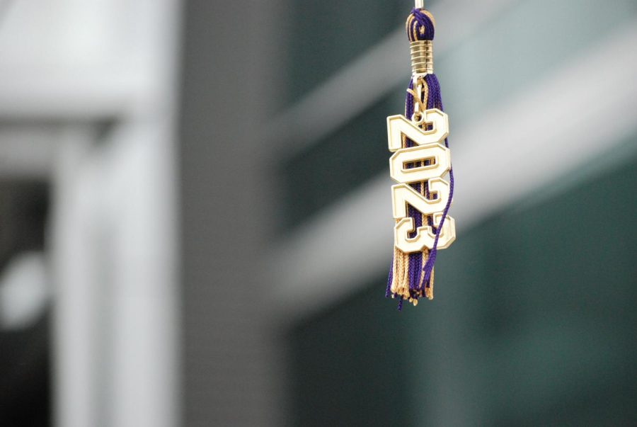 Bon voyage: A tassel with a 2023 symbol hangs from out of frame, standing out at the front of the school. The graduating class stands at over 500, and most of them will be walking out on June 13 to their future aspirations.