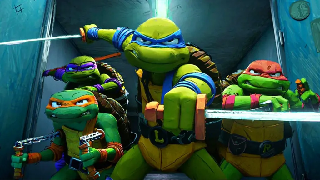 Watch out!: In this scene, Leonardo, Michelangelo, Donatello and Raphael are trying to get information about Super-Fly (the antagonist) by busting into establishments that gang members run, and beating up anyone who gets in their way!