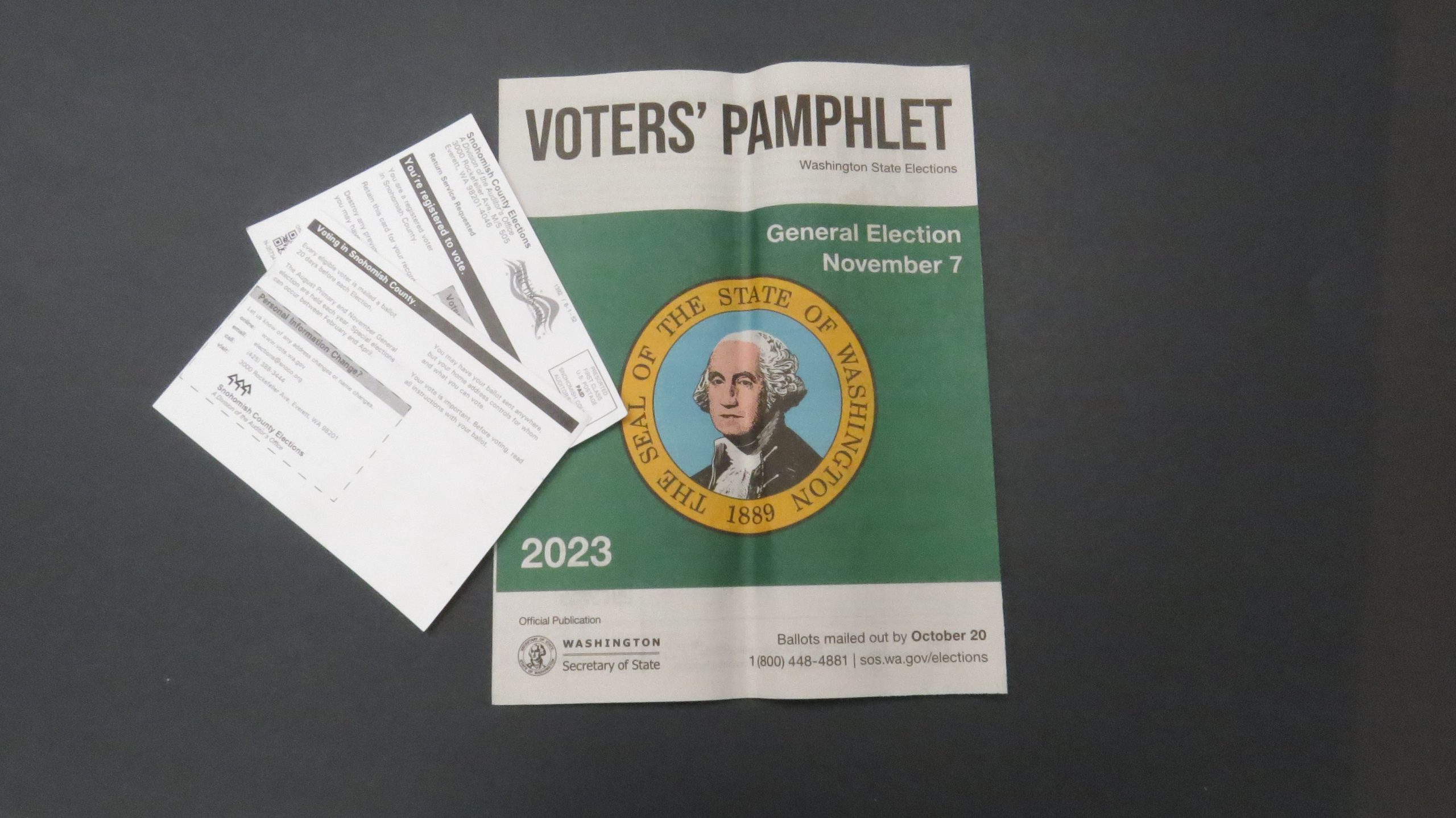 Washington voter registration cards prove voter eligibility, and a  2023 Washington state voter pamphlet provides information about all of the candidates in the upcoming elections. Ballots must be postmarked by Nov. 7, 2023.