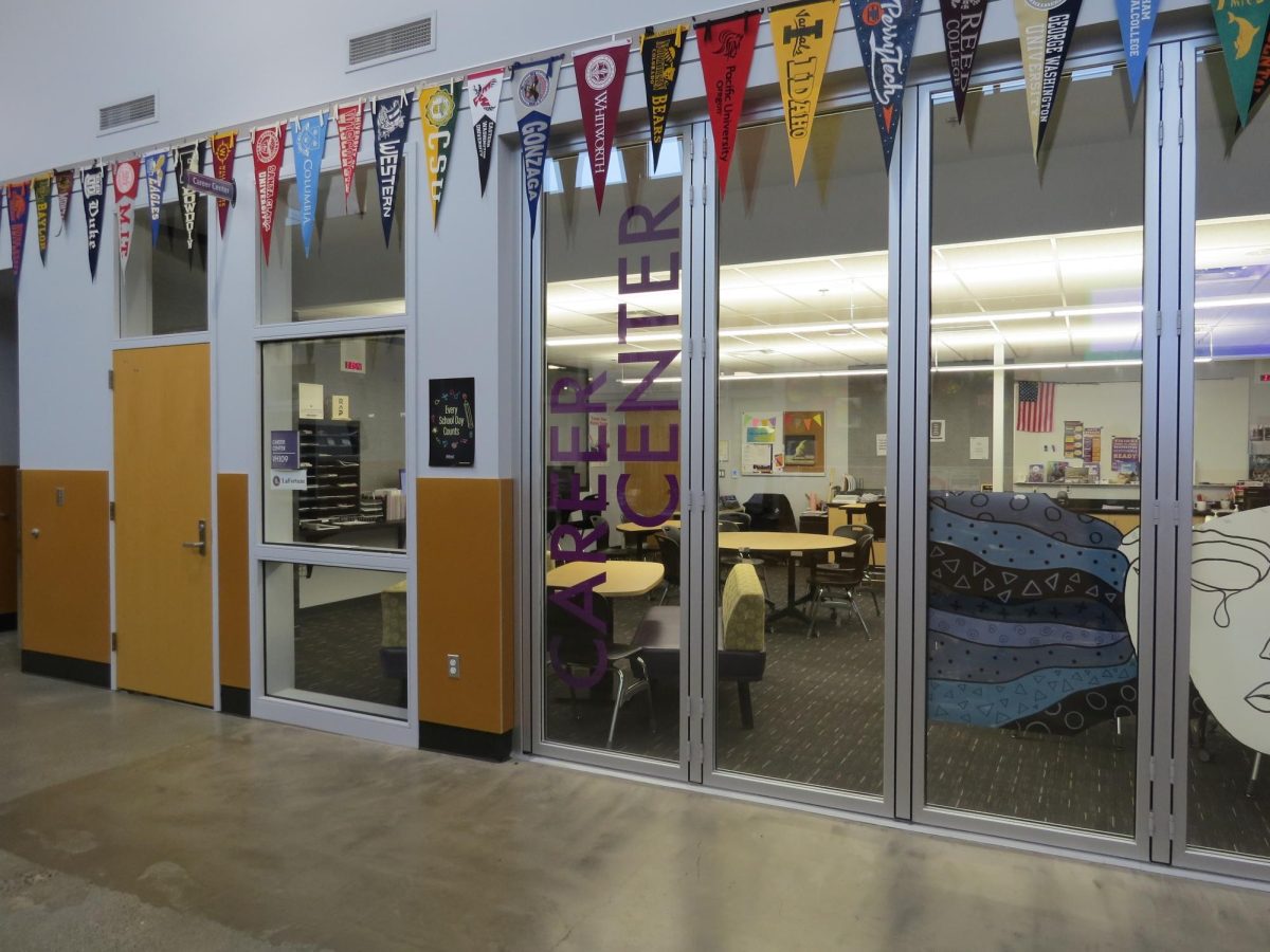 The Career Center (VH109) is a room in East Hall across the hallway from the Counseling Center. If a student has any questions about what they want to do for a career or how to get a job, they can ask Kim Lafortune, the career specialist.