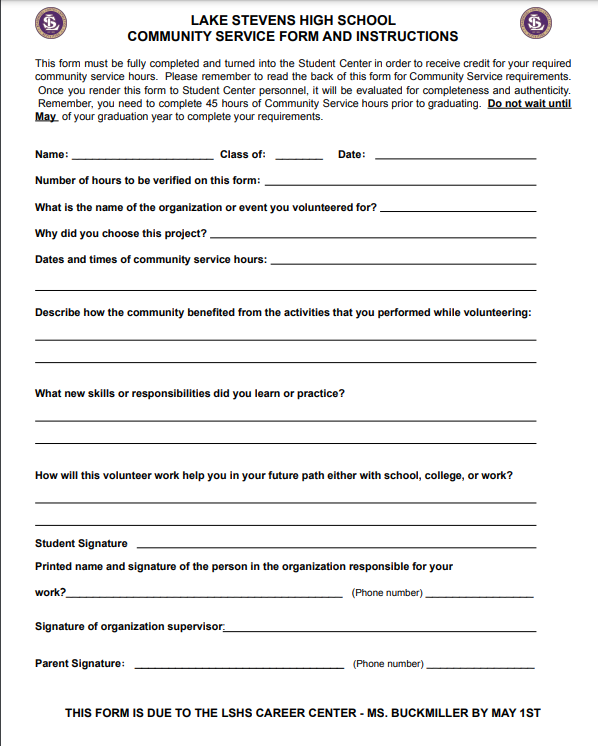 The community service form can be found online at the LSHS website or you can pick up physical copies in the career center. They must be filled out completely and submitted by email or turned in to the Career Center to Gina Buckmiller by May 1.