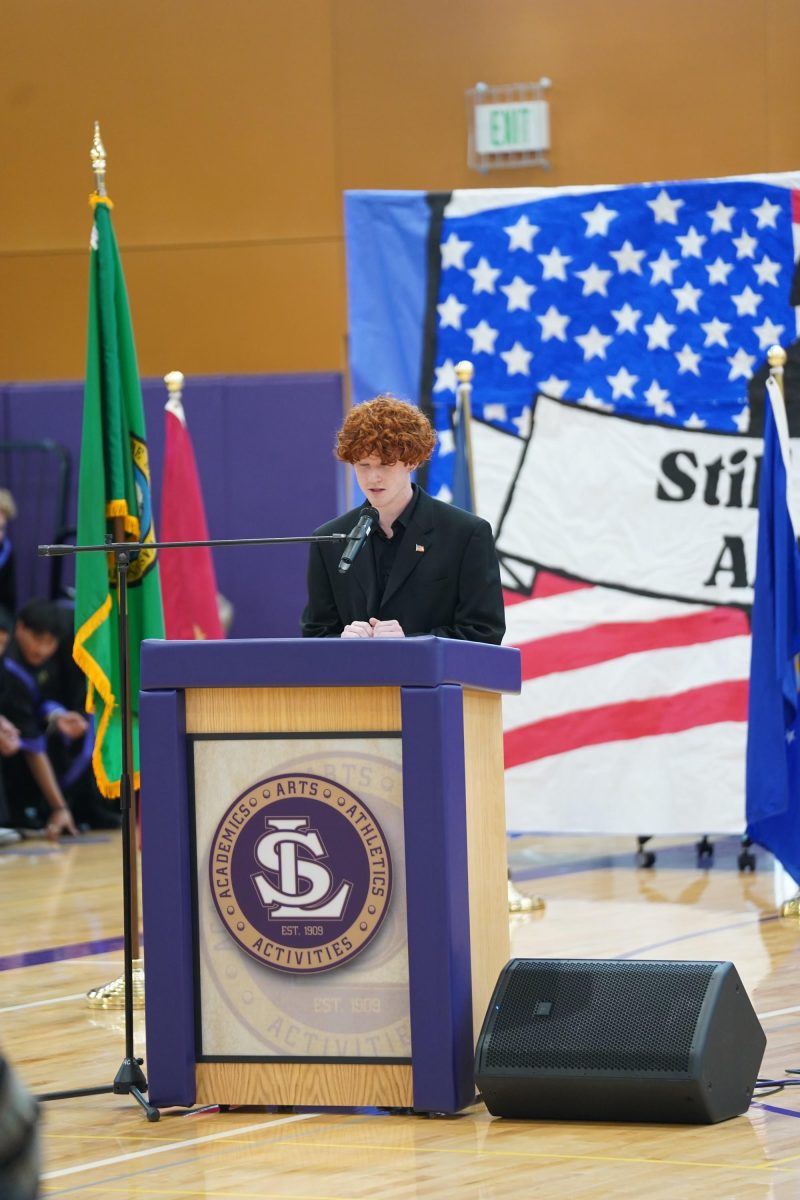 Senior Maxwell Hill, a student in Leadership and the Executive Vice President, gave a speech at the LSHS Veteran's Day Assembly, in 2023.