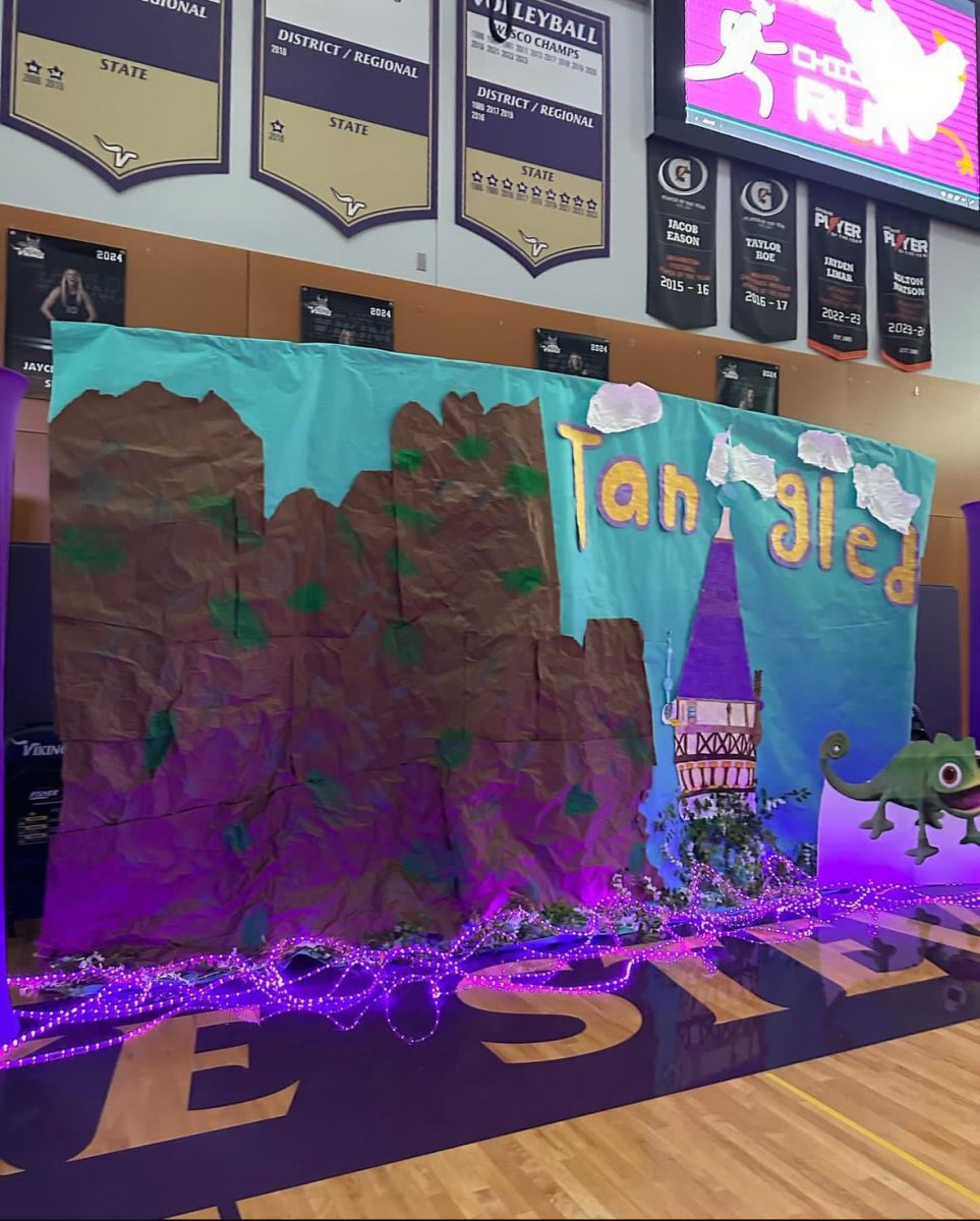 Leadership students created a backdrop for the Tangled-themed homecoming assembly.