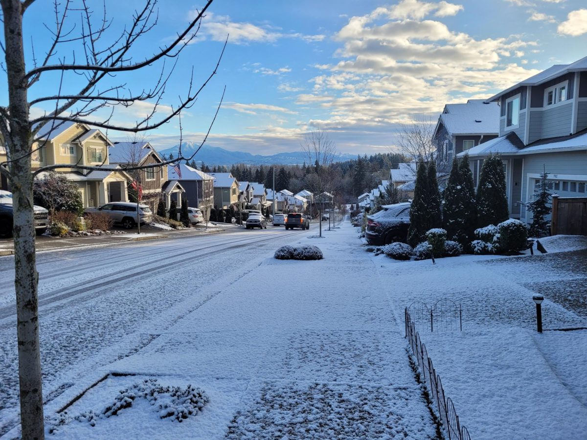 The sun shines down on a snowy Lake Stevens morning.