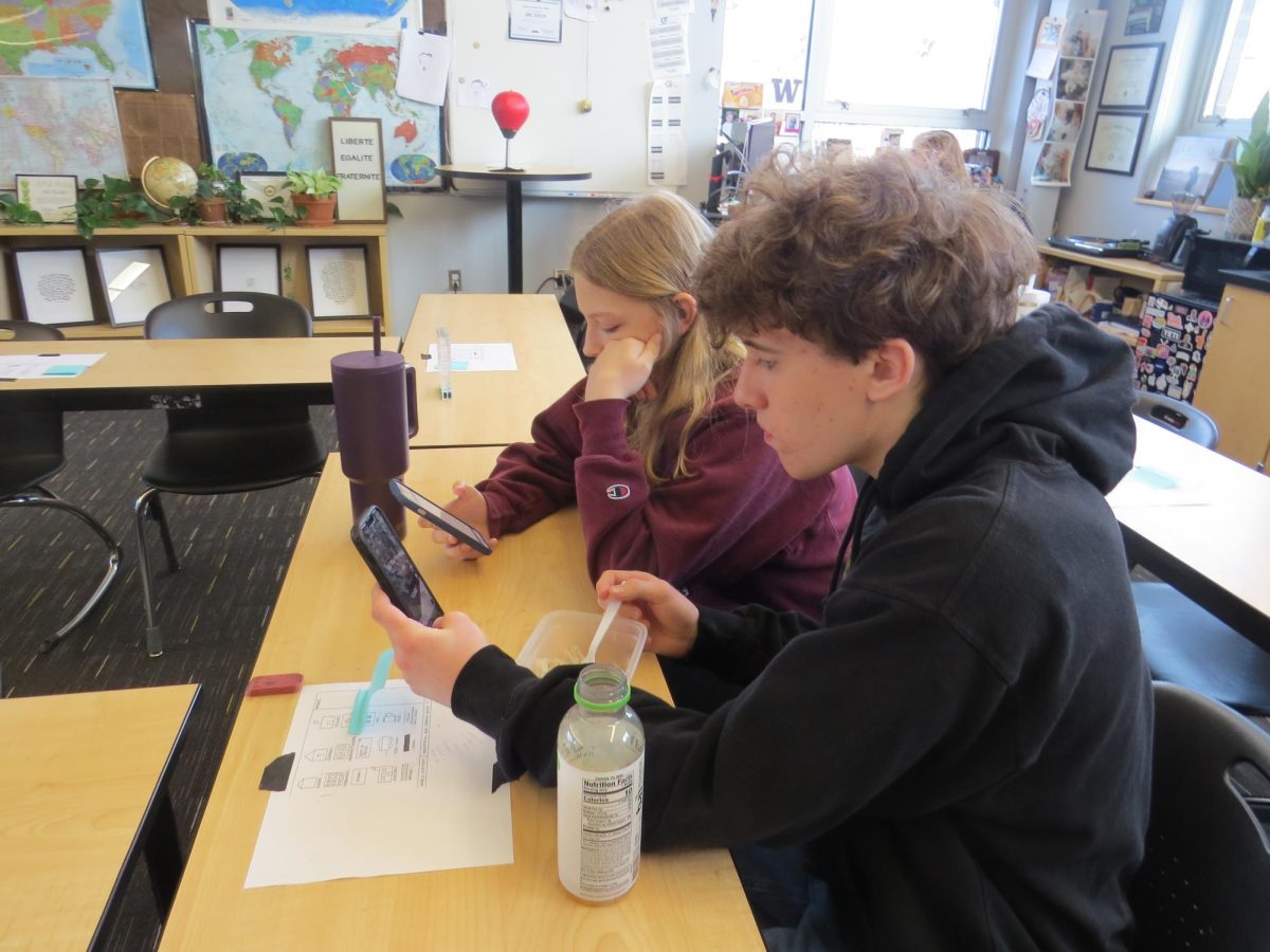 Juniors Oliver Paisley and Baylee Smith use their phones after completing their class work before the period is over.