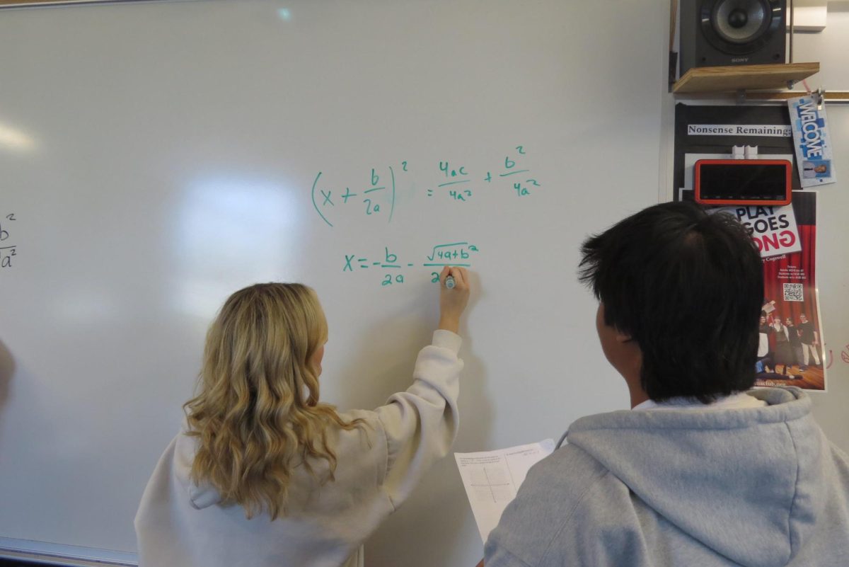 Senior Gracie Shaw and junior Kaleb Khounphixay work on a math problem during class.