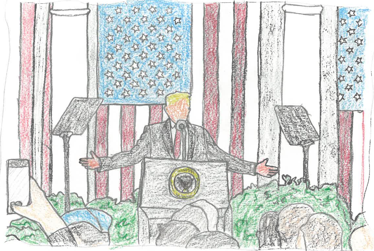 Illustration depicts President Donald Trump's announcement of new tariffs during a White House ceremony.