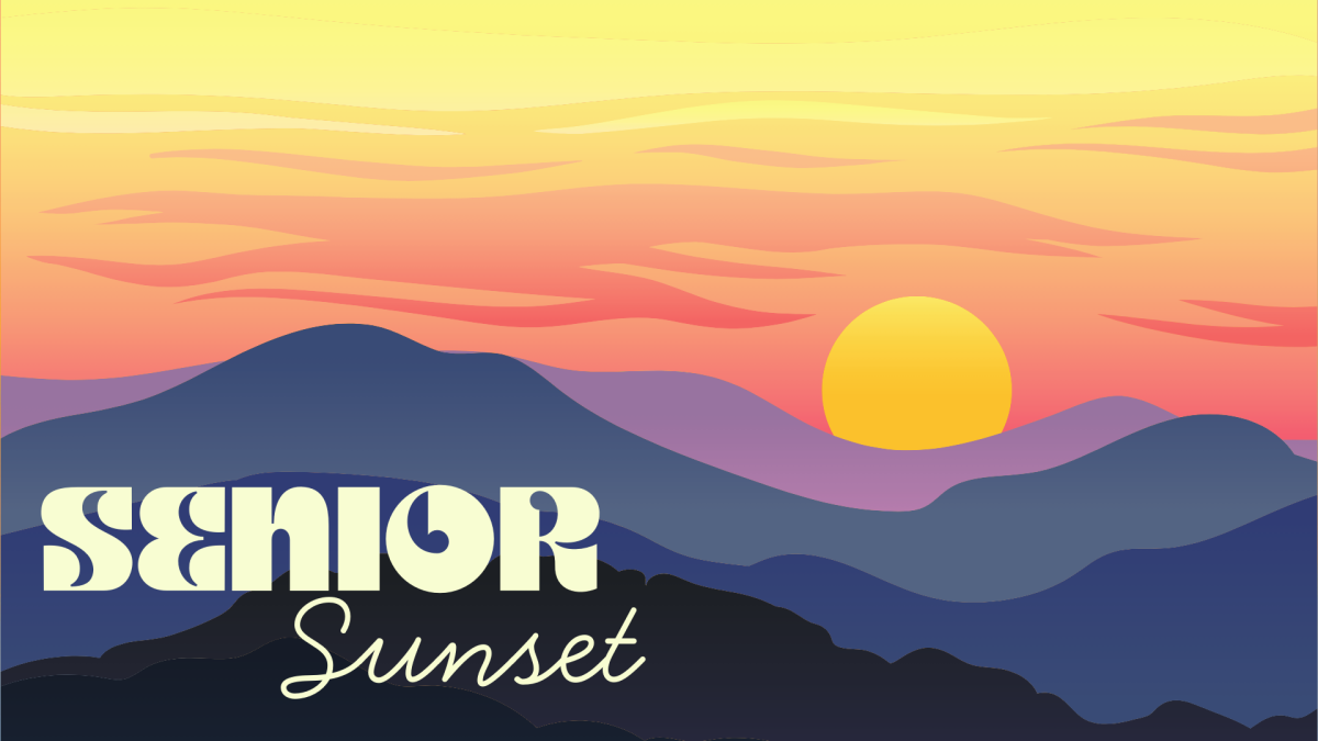 Graphic of a mountain sunset displays senior sunset.
